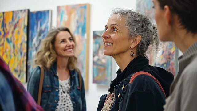Mature caucasian woman admiring art in gallery with diverse group of adults, people 