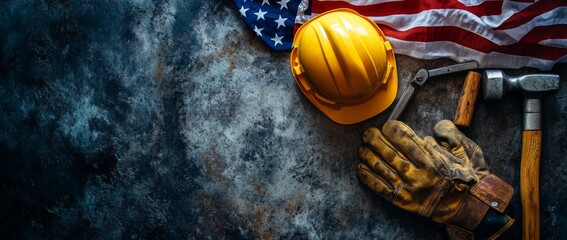 Labor Day tribute design: vintage hammer, wrench and hard hat radiating from American flag corner on black background. Construction industry appreciation concept with copy space.