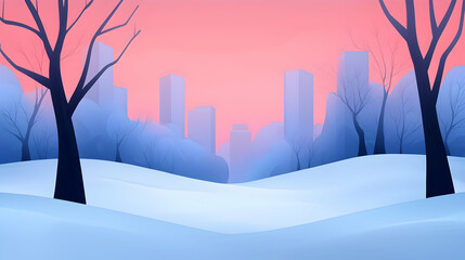 Pastel Winter Cityscape: Pink Sunset Over Snowy Urban Park