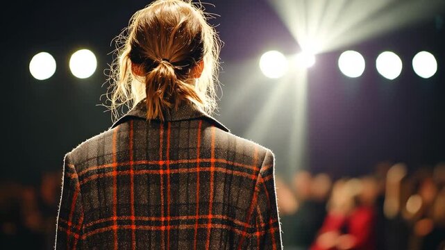Spotlight on stage: performer faces audience in dramatic lighting sequence, woman model on the catwalk at a fashion show