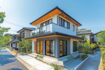 Modern two-story Japanese single-family home with light gray and white exterior, located on a residential street with neighboring houses, blue sky, and green trees.