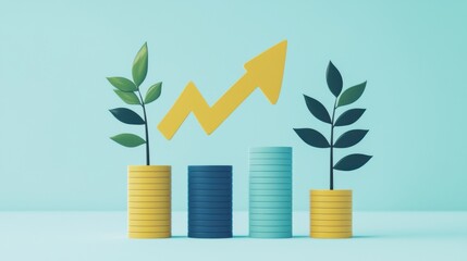 Growth concept with coins and plants depicting financial success and sustainability.