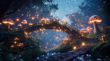 Enchanting mushroom bridge, night forest, glowing lanterns, fantasy, game art