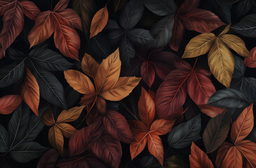 Colorful autumn leaves background. Top view of a colorful fall foliage pattern. Abstract nature wallpaper with a texture of red, orange, and yellow fall leaves. Close-up shooting, 4K resolution, ultra