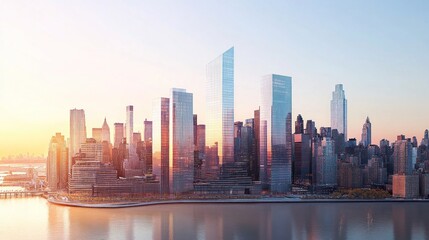 Obraz premium Sunrise cityscape, urban skyline, river reflection, financial district, aerial view, promotional use