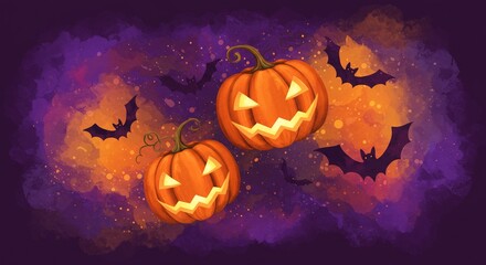 Spooky Halloween Night Jack o lanterns and Bats Watercolor Illustration