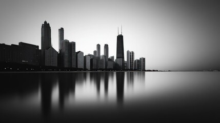 Obraz premium Cityscape, lake reflection, sunrise, Chicago, monochrome, calm, urban, design, poster, print