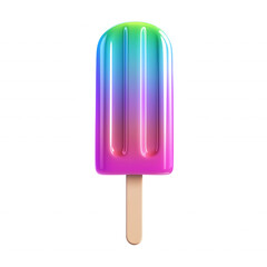A vibrant, multicolored popsicle with a wooden stick, showcasing a glossy surface and gradient hues of blue, green, and pink. isolated on transparent background