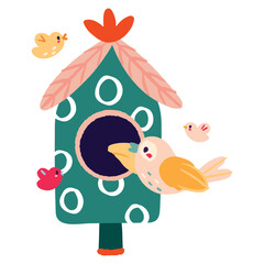 Cute vector of a green birdhouse with a mother bird feeding her chicks. A warm, family-themed illustration ideal for kids' products, greeting cards, and spring designs.