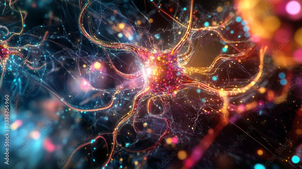 Poster visualize machine learning abstract space digital art virtual realm perspective glowing nodes concep
