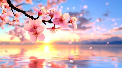 Tranquil Sunset Reflections: Blossoming Flowers by Calm Waters, Serene Landscape Art with Scenic View