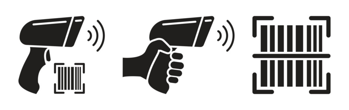 Product code scanner tool vector icon in silhouette pictogram style on protected white background