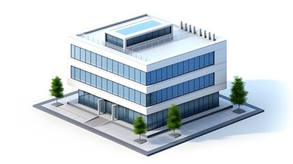 A Modern Three-story Office Building Nestled Amongst Small Trees, Showcasing Clean Lines And Expansive Windows, Bathed In Bright Sunlight