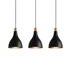 Naklejka premium Three modern pendant lights with a sleek black finish and gold accents, suspended elegantly. isolated on transparent background