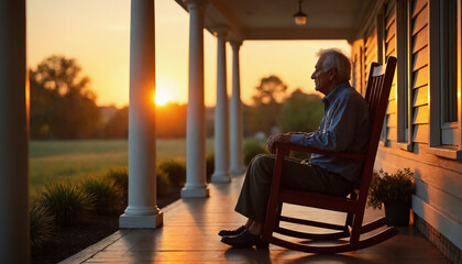 Elderly man peacefully sitting on a rocking chair on the porch, watching the sunset