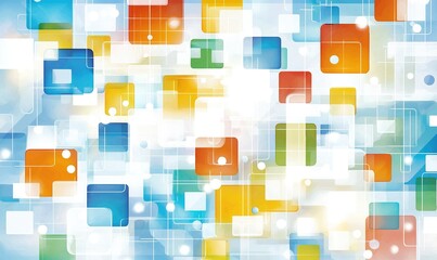 A vibrant and abstract pattern of overlapping colored squares against a blurred, light-blue backdrop with some glowing lines and shapes