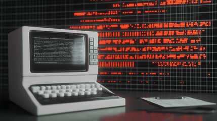 Retro Tech: A vintage computer, bathed in the ambient glow, rests on a desk, its screen displaying lines of code.