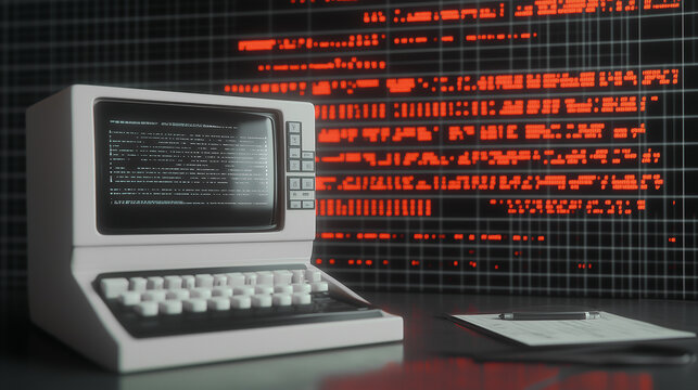 Retro Tech: A vintage computer, bathed in the ambient glow, rests on a desk, its screen displaying lines of code.