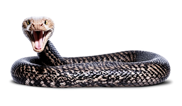 A venomous cobra snake in a striking pose, isolated on a transparent background