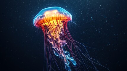 A majestic jellyfish stands (floats) in the deep ocean, its vibrant bioluminescent tendrils on full display, glowing in the dark abyss