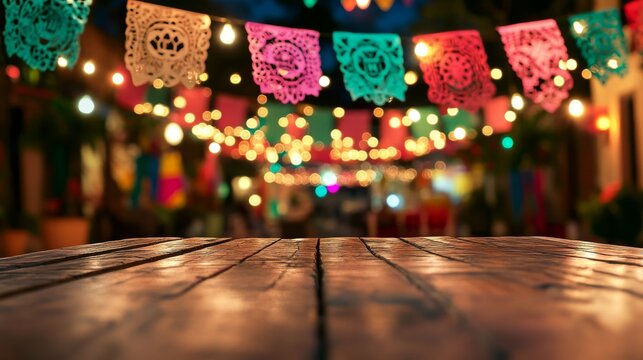 Colorful festive night with papel picado banners and vibrant string lights in a rustic outdoor setting