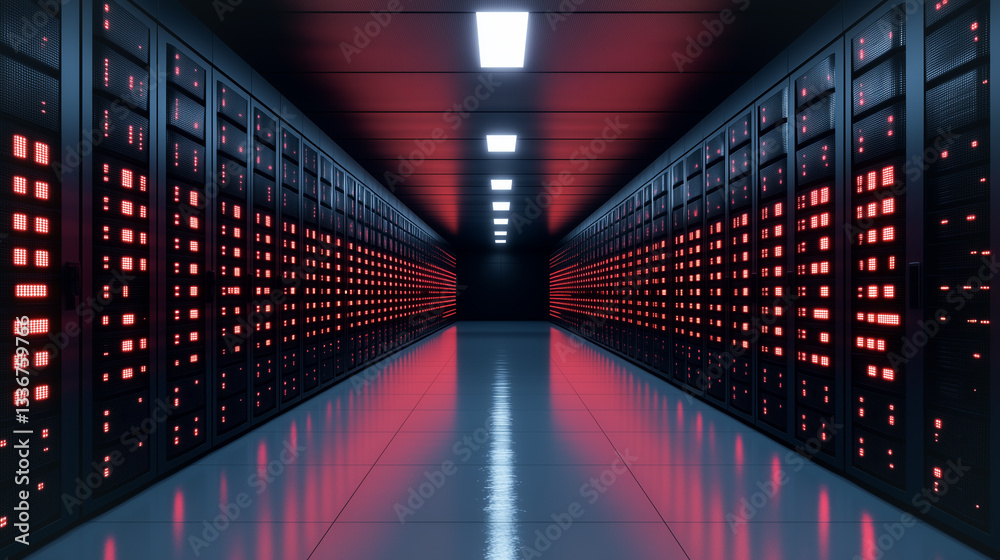 Poster server room in dark: a long corridor within a modern data center, lined with rows of server racks em