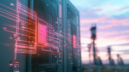 Data Center Innovation: Futuristic image, a server rack is bathed in the warm light of sunrise, with glowing digital overlay hinting at advanced technology and data processing capabilities.