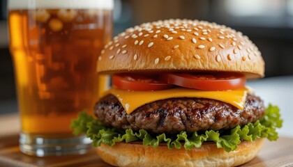 Delicious burger and beer pairing restaurant food photo indoor setting close-up culinary experience