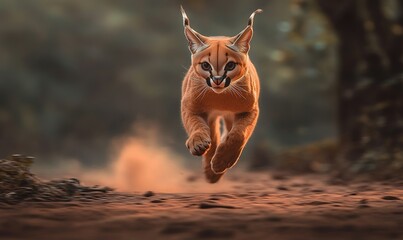 A wild caracal leaps forward, its focus intense. The ground kicks up dust as it races through the wilderness