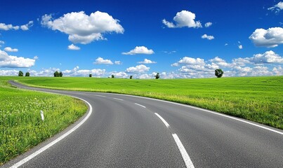 A winding road sweeps through vibrant green fields under a bright, cloud-dotted sky. Tranquil and serene
