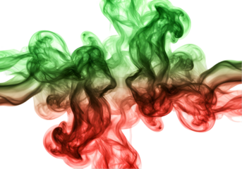 Green and red smoke merging isolated on white and transparent background
