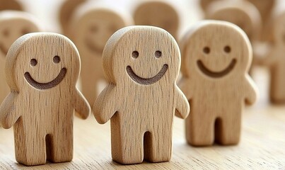 A wooden crowd of happy figures arranged on a surface, each with a smile, symbolising community and unity in warm, natural light