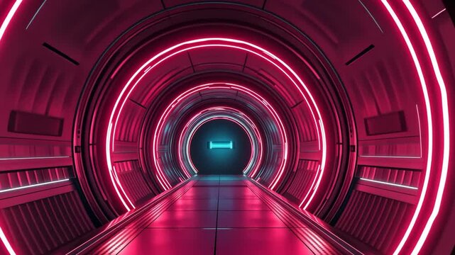 Futuristic reg neon tunnel with vibrant moving lights and symmetrical patterns