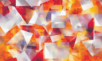 Abstract arrangement of translucent shapes against a vivid blend of orange, yellow, red and purple hues creates a dynamic, textural artwork