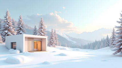 Naklejka premium A modern cabin surrounded by snowy trees and mountains, bathed in soft sunlight, creates a serene winter landscape.