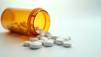 A close-up of spilled white pills from an orange prescription bottle on a white background, highlighting a theme of medication and health.