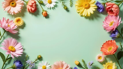 A vibrant floral arrangement frames a soft green background, showcasing colorful blooms that evoke a sense of freshness and beauty.
