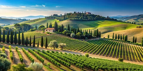 Naklejka premium Rolling hills of Tuscany vineyard with rows of grapevines and olive trees surrounded by cypress trees under a clear blue sky , landscape, grapevine