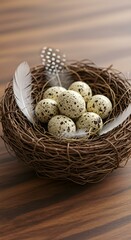 Fototapeta premium A macro shot of a delicate bird’s nest filled with speckled Easter eggs, resting on a wooden table