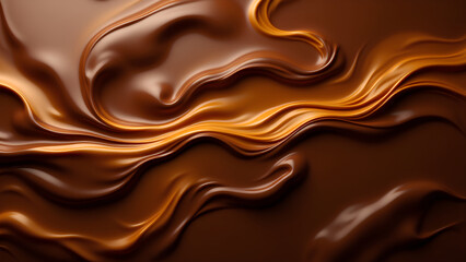 A close-up view of smooth, flowing chocolate swirls, showcasing rich textures and warm, glossy tones.
