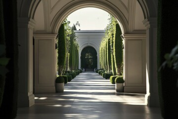 Fototapeta premium A beautifully designed garden pathway meanders through a tranquil setting, flanked by perfectly trimmed hedges and vibrant greenery, all bathed in the warm light of a late afternoon sun