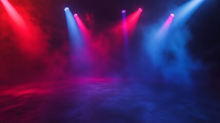 Vibrant Stage Lighting: Red and Blue Spotlight Effects in Smoky Atmosphere
