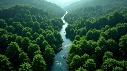 Aerial view of a winding river through a lush green forest, showcasing vibrant foliage and a serene natural landscape.