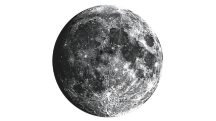 Full moon rotating showing craters and surface details on transparent background