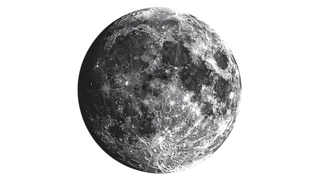 Full moon rotating showing craters and surface details on transparent background