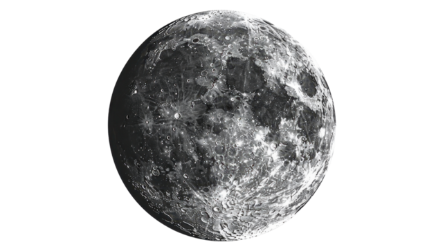 Full moon rotating showing craters and surface details on transparent background