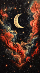 Mesmerizing Crescent Moon in Vibrant Cosmic Nebula | Stunning Outer Space Vector Art | Colorful Galactic Clouds | Night Sky Celestial Fantasy Illustration