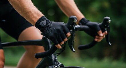  Close-up of a Cyclist's Hands Gripping Black Bicycle Handlebars While Wearing Stylish Fingerless Cycling Gloves During an Outdoor Ride, Green Nature Background