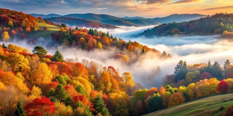 Fototapeta premium Autumn mist rises over hillside landscape with vibrant foliage, autumn colors