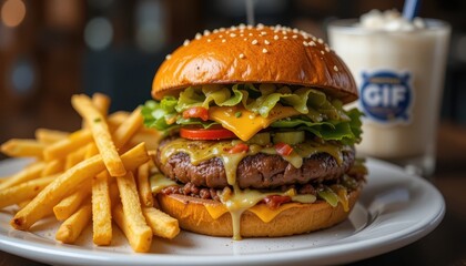 Delicious burger and fries restaurant food photography indoor close-up culinary delight